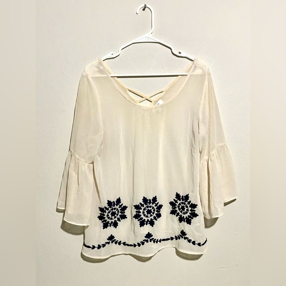 Umgee Tops - Umgee USA Boutique Women's M Off White Blue Peasant Boho Top Blouse Shirt Sheer